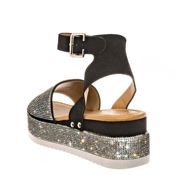 NEW Bling Silver Rhinestone Peep Toe Flat Platform Wedge Heel Sandal Ankle Strap - Picture 8 of 12